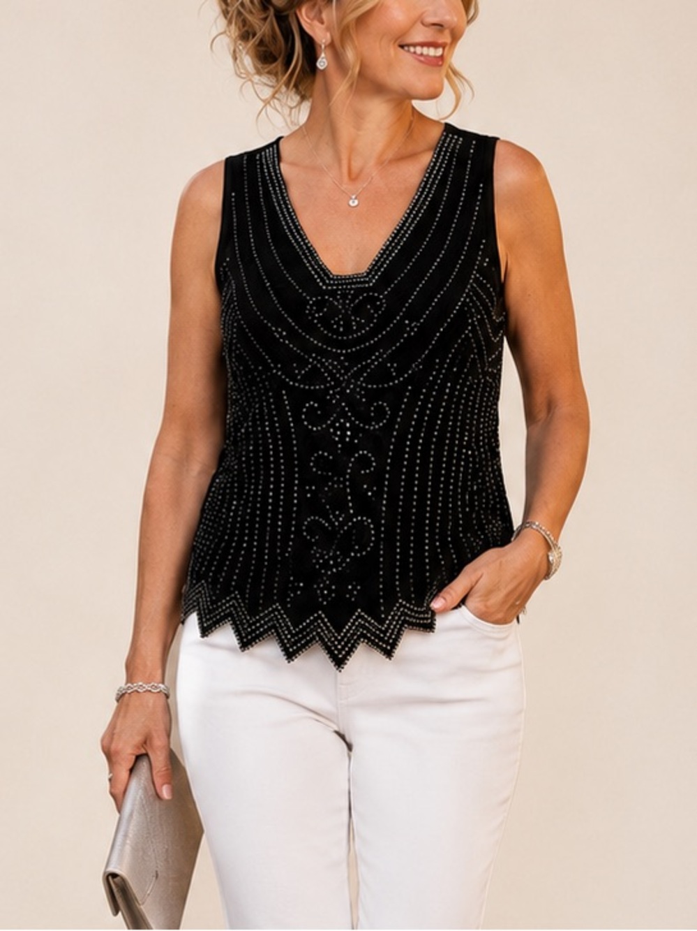 MSK Black Beaded Sequin Art Deco Sleeveless Top | Size Large